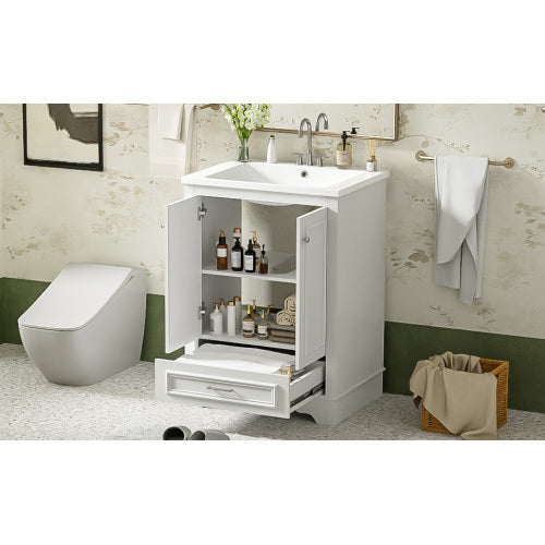 24'' Bathroom Vanity with Ceramic Sink Combo, Modern Freestanding Storage Cabinet with Silver Handles, Soft Closing Doors