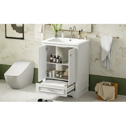 24'' Bathroom Vanity with Ceramic Sink Combo, Modern Freestanding Storage Cabinet with Silver Handles, Soft Closing Doors