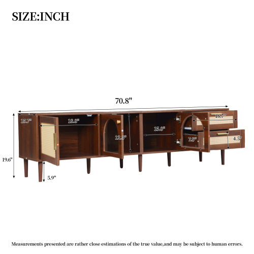 70.8 inch Dark Brown App Control LED Rattan TV Stand Glass Storage For 80 Inch TV