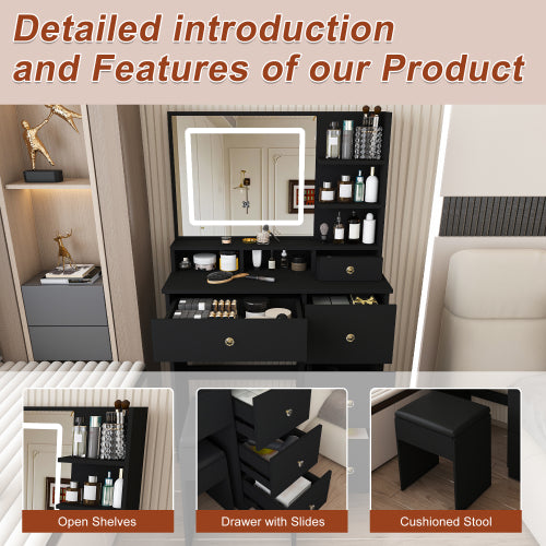 Fashion Vanity Desk w/ 3-Color Dimmable LED Mirror, 4 Silent Sliding Drawers, Open Shelf for Bedroom, Black