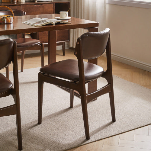Single Brown PU Leather Armless Dining Side Chair, Solid Wood Walnut Frame, Ergonomic Open Back for Dining Room, Cafe & Office
