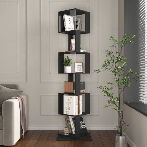 6-Tier Black 360¡ã Rotating Bookshelf Particleboard Acrylic Anti-Tall Base Household Multi-Layer Storage Display Shelf