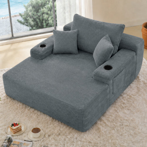 Grey Convertible Corduroy Boneless Chaise Lounge Sleeper Sofa-Bed with Cup-Holder Wide Armrest & Throw Pillows No-Assembly