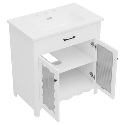 31" Bathroom Vanity with Tempered Glass, Modern Bathroom Cabinet with Rubber Wood legs and Soft close Doors, White