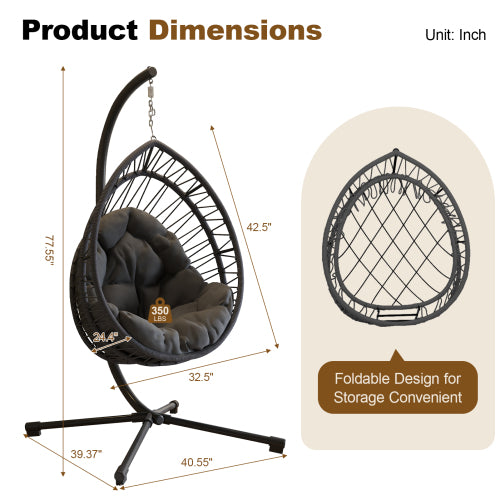 Outdoor Egg-shaped Hanging Chair with Stand, Patio Egg-shaped Swing Chair, Indoor Rocking Chair, Outdoor Hammock Egg-shaped Chair, Dark Gray