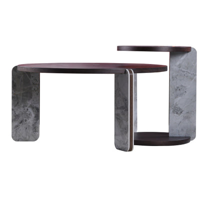 2-Piece Nesting Coffee Table Set, Walnut Veneer MDF Top with Sintered Stone Legs & Base