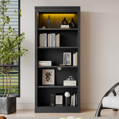Black 5-Tier Tall Bookshelf With USB LED Light Strip Adjustable Home Display Rack