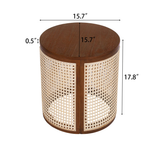Dark Brown Round Rattan End Table, 15.7 Inch Woven Side Table with Wood Top, Small Nightstand for Bedroom Living Room
