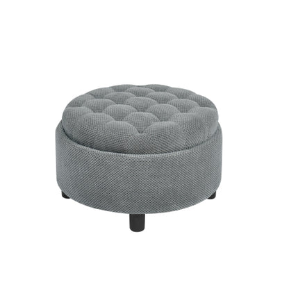 25 Inch Round Storage Ottoman, Light Grey Tufted Fabric