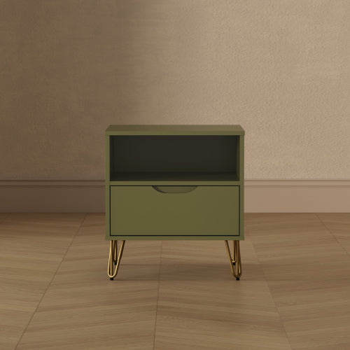 Olive Green Nightstand with Drawer & Metal Legs