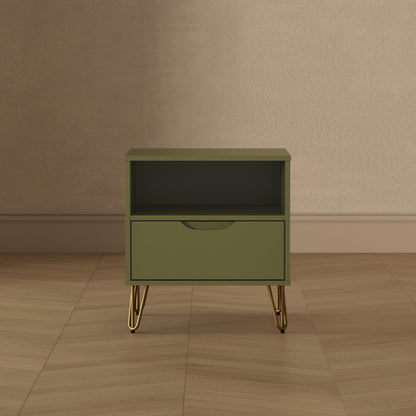 Olive Green Nightstand with Drawer & Metal Legs