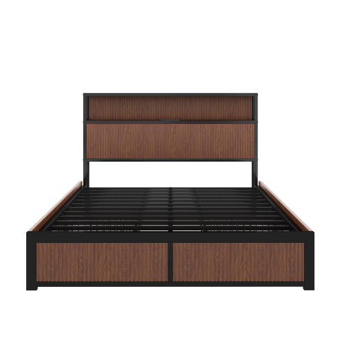Large raised-pattern storage bed frame, wooden platform bed frame with multiple drawer storage function, bedside socket, brown wood (Queen)