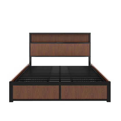 Large raised-pattern storage bed frame, wooden platform bed frame with multiple drawer storage function, bedside socket, brown wood (Queen)
