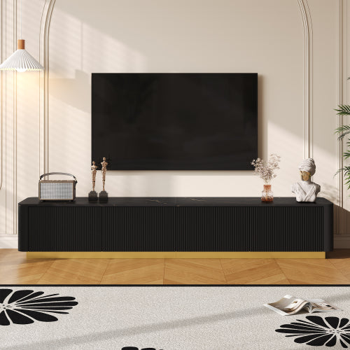 Luxury Fluted TV Stand with Faux Marble Top Black Entertainment Center
