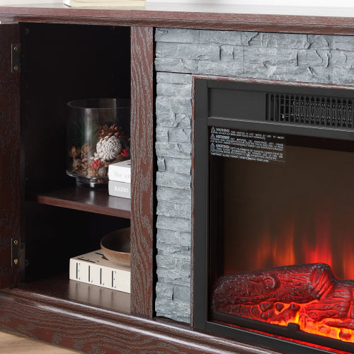 58 Inch White Faux Stone Electric Fireplace TV Stand 18 inch Heater Media Console Fits 65 Inch TV