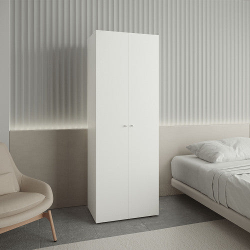 2 Doors Closet System Armoire, Hanging Rod and Storage Shelf, Modern Armoire for Bedroom Organization Storage, White