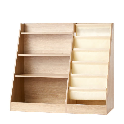 4-Tier Wooden Kids Bookshelf with Sling Book Rack for Playroom