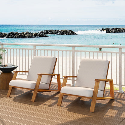 Patio Lounge Chair Set of 2, Outdoor Club Chair with Beige Cushion and Teak Acacia Wood Frame