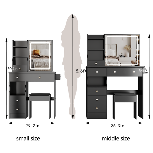 29.2" Small Size Drawer Desktop Vanity Table + Cushioned Stool, 2 AC+2 USB Power Station, Hair dryer bracket, Extra Large Touch Control Sliding LED Mirror, 3-color Switching, EPA, GCC, UL Certificate