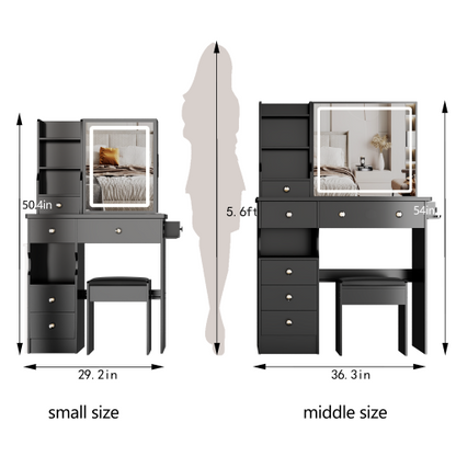 29.2" Small Size Drawer Desktop Vanity Table + Cushioned Stool, 2 AC+2 USB Power Station, Hair dryer bracket, Extra Large Touch Control Sliding LED Mirror, 3-color Switching, EPA, GCC, UL Certificate