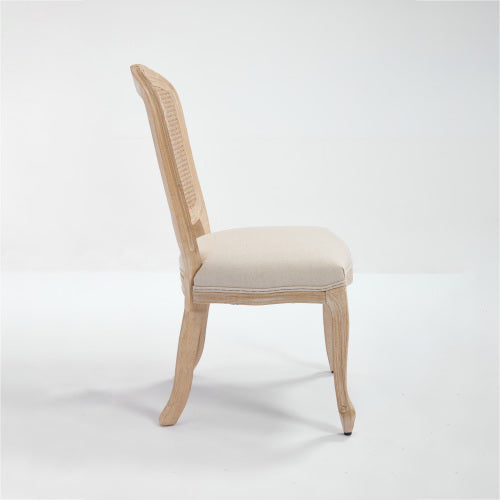 Set of 2 Beige French Country Fan Rattan Back Dining Chairs, Carved Wire Drawing Solid Wood Disassemblable Chairs