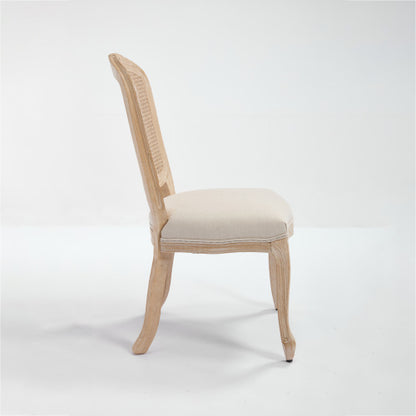 Set of 2 Beige French Country Fan Rattan Back Dining Chairs, Carved Wire Drawing Solid Wood Disassemblable Chairs