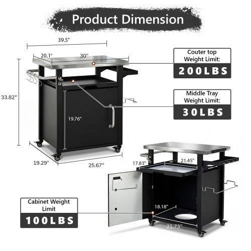 39.5 inch Outdoor Grill Cart with Storage Cabinet, Outdoor Bar Cart Pizza Oven Table with Wheels, Stainless Steel Top, Outdoor Kitchen Island with Spice & Paper Rack for BBQ, Waterproof Cover Included