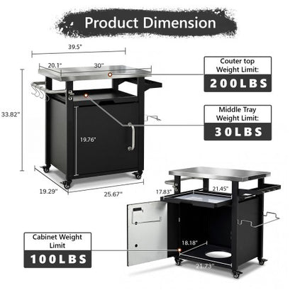 39.5 inch Outdoor Grill Cart with Storage Cabinet, Outdoor Bar Cart Pizza Oven Table with Wheels, Stainless Steel Top, Outdoor Kitchen Island with Spice & Paper Rack for BBQ, Waterproof Cover Included