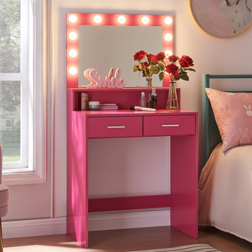 Rose Pink Vanity Desk with Mirror & Lights, 11 LED Bulbs, 2 Large Drawers, 2-Level Storage, 3 Lighting Modes