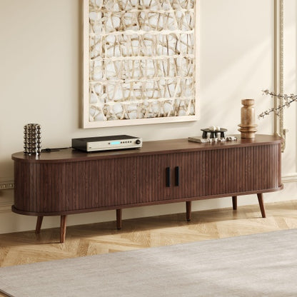 70.8 Inch Mid-Century TV Stand with Tambour Doors, Rattan Drawers & Power Outlet for 80 Inch TV
