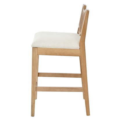 Set of 2 Natural Rubber Wood Farmhouse Rattan Back Counter Bar Stools, Beige Fabric 27.9inch  Seat Height Armless Stools
