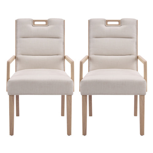 Upholstered Dining Chairs Set of 2, Beige Fabric, Natural Rubber Wood Frame, Armrests