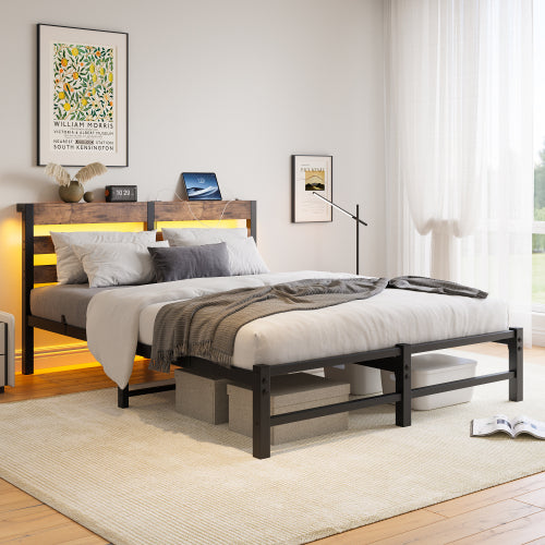Queen Size  Metal Bed Frame with Wooden Headboard, RGB Lights,Charger, Storage Shelf, Noise-Free, No Box Spring Needed,Rustic Brown