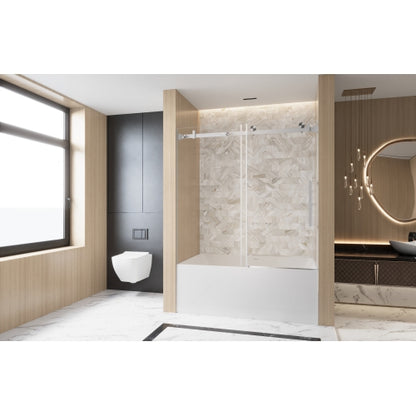Frameless Single sliding shower door 56-60 "W x 60" H, 1/4 "(6 mm) Clear Tempered Glass, Explosion Proof Film, Stainless Steel Handle Square Tube Track ,Brushed Nickel