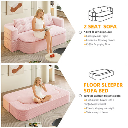 78.7-Inch Baby-Pink Convertible Corduroy Sleeper Floor Sofa-Bed with Zip-On Blanket & 2 Pillows No-Assembly