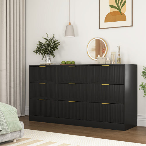 Black 9 Drawer Dresser, 63" Large Deep Chest of Drawers, Wooden Dresser Storage Cabinet with 9 Drawers for Bedroom, Long Dressers for Living Room, Hallway, Drawer panel with wavy patterns