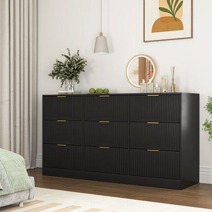Black 9 Drawer Dresser, 63" Large Deep Chest of Drawers, Wooden Dresser Storage Cabinet with 9 Drawers for Bedroom, Long Dressers for Living Room, Hallway, Drawer panel with wavy patterns