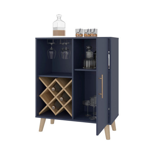 Bar Cabinet 38.6 inch H, 1 Door, 1 Drawer, 4 Shelves, Alby Blue / Natural Oak - Living Room