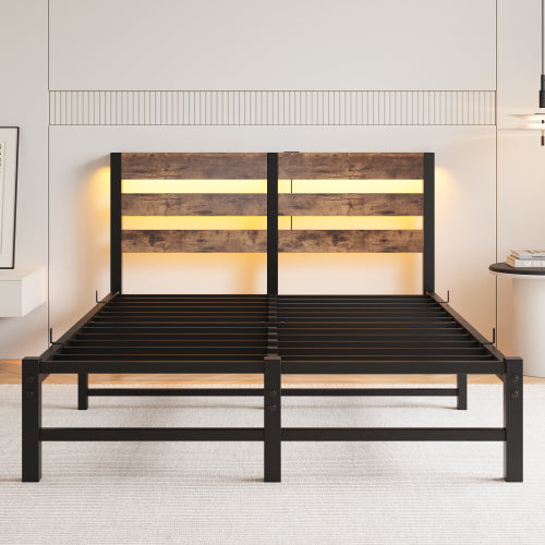 Full Size  Metal Bed Frame with Wooden Headboard, RGB Lights,  Charger, Storage Shelf, Noise-Free, No Box Spring Needed,Rustic Brown