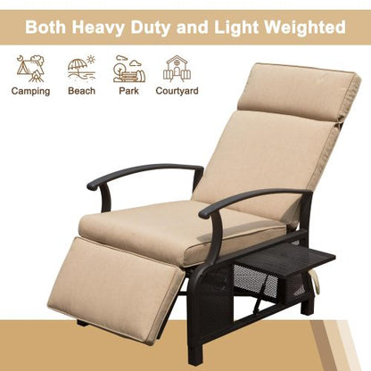 Adjustable Patio Recliner Chair Metal Outdoor Lounge Chair with Flip Table Push Back, Adjustable Angle, Removable Cushions, Support 350lbs, Beige