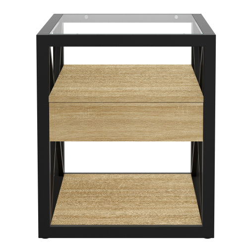 1 piece Modern End Table with Drawer - Nightstand for Bedroom & Living Room, Natural Wood MDF & Tempered Glass Top, Industrial Style Side Table