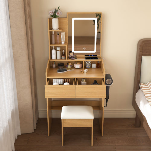 Vanity Table with LED-Illuminated Mirror, Power Outlet, Hairdryer Holder & Stool ¨C Compact Dressing Desk for Small Bedrooms(Wood)