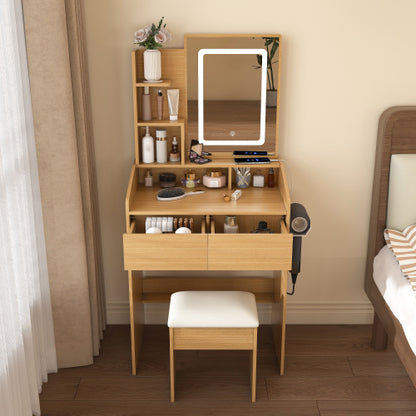 Vanity Table with LED-Illuminated Mirror, Power Outlet, Hairdryer Holder & Stool ¨C Compact Dressing Desk for Small Bedrooms(Wood)