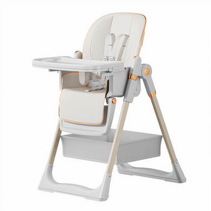 White Foldable Baby High  Dining  Chair for 0-6 Years, 5 Height Adjustable, Safety Belt, Lockable Silent Wheels