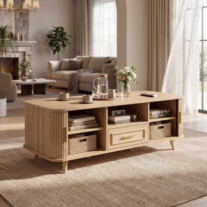 Mid-Century Modern Natural Wood Coffee Table with Tambour Doors & Multi Storage Compartments