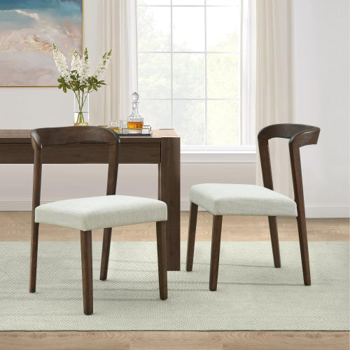 Open Back Rubberwood Dining Chairs with Upholstered Seats, Set of 2, Beige/Walnut