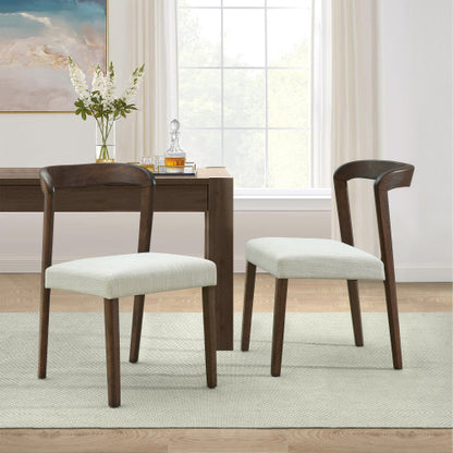 Open Back Rubberwood Dining Chairs with Upholstered Seats, Set of 2, Beige/Walnut
