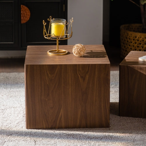 2-Piece Walnut Nesting Cube Coffee Table Set, MDF Wood Grain Side Tables Fully Assembled for Small Spaces