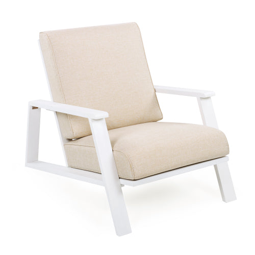 Patio Lounge Chair, Outdoor Club Chair with Beige Cushion and White Acacia Wood Frame
