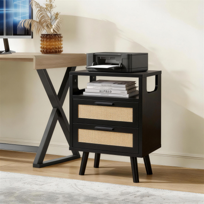 Black 2-Drawer Nightstand Set with Golden Metal Handles